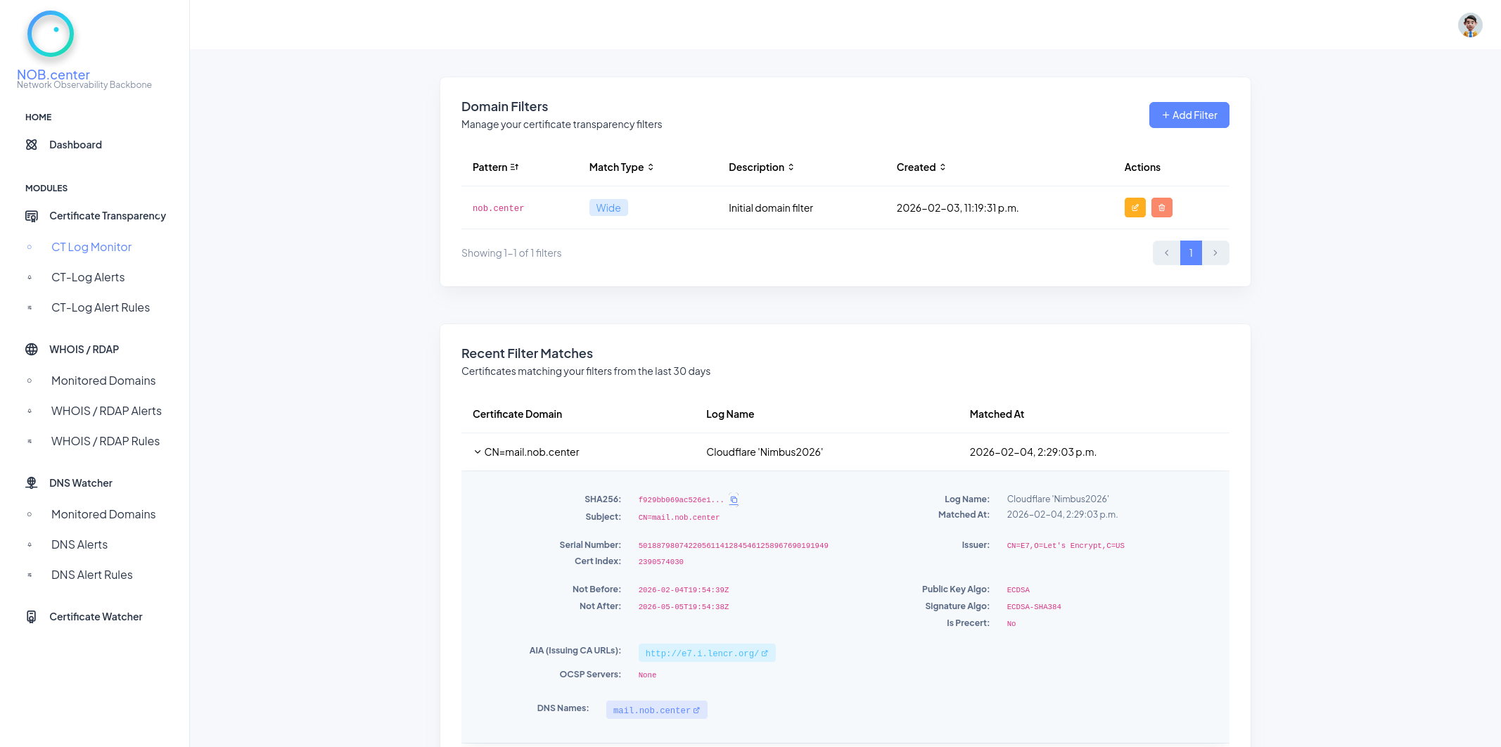 Certificate Transparency log monitoring dashboard