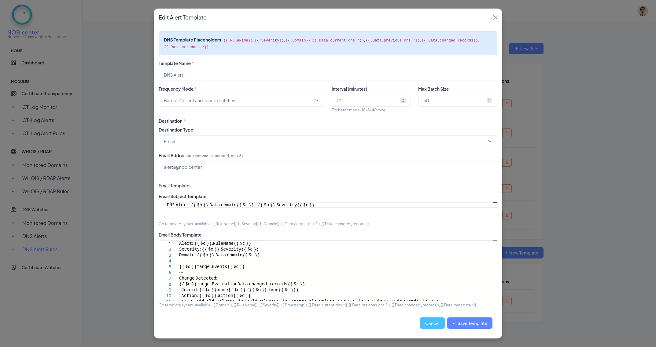DNS alert template editor for webhooks and email