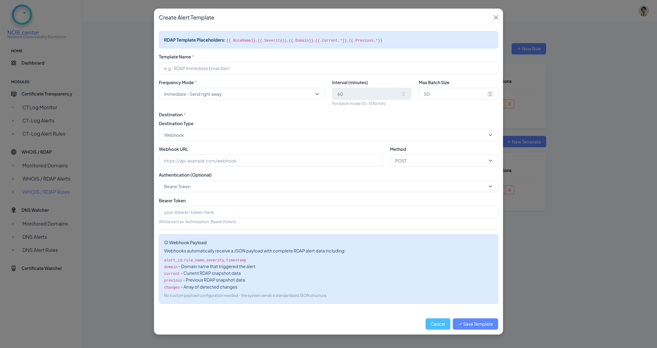 WHOIS RDAP alert template webhook configuration